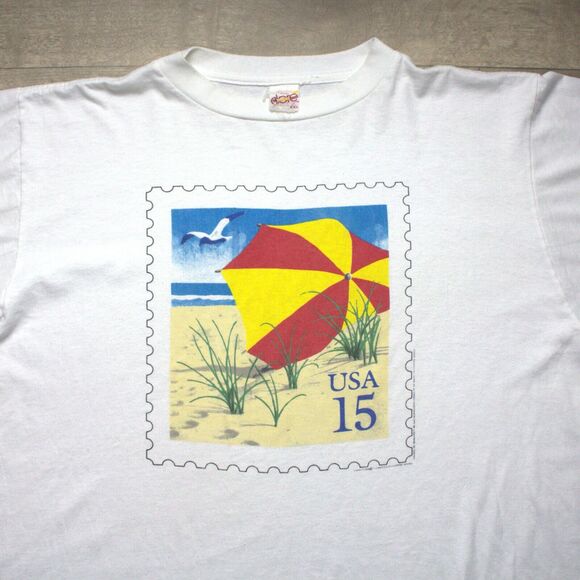 VINTAGE 80s Single Stitch Shirt US 15 Cent Stamp Beach Graphics Alore XXL - Picture 1 of 6